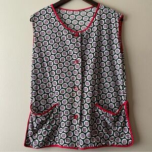 Eccentric Women's L Button Down Vest with Red Trim and Fun Pattern
